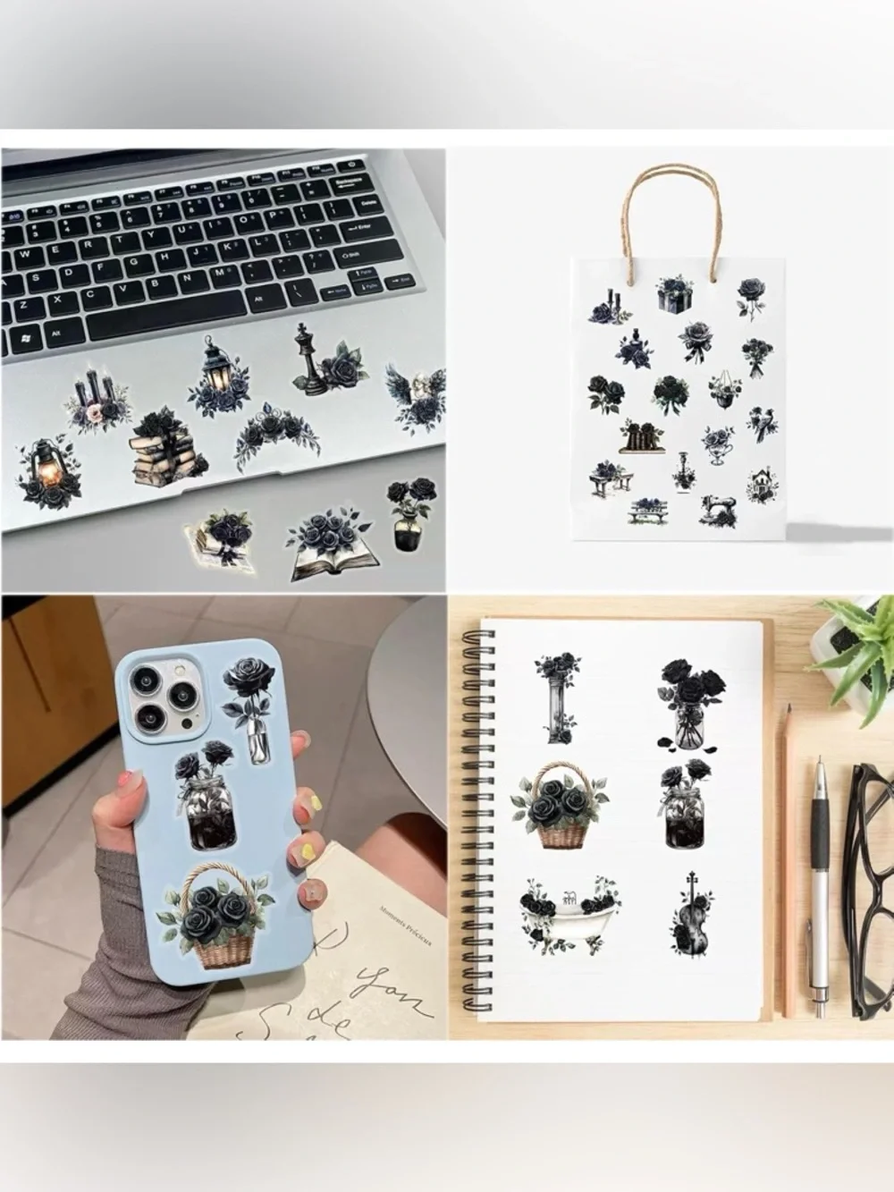 Gothic Black Rose PET Stickers Set of 20 Waterproof Journal Scrapbook Decor 🗝️
